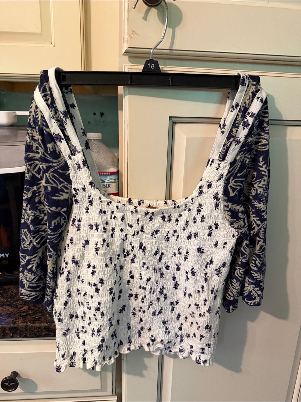 Free People White Smocked Tank with Navy Floral Motif